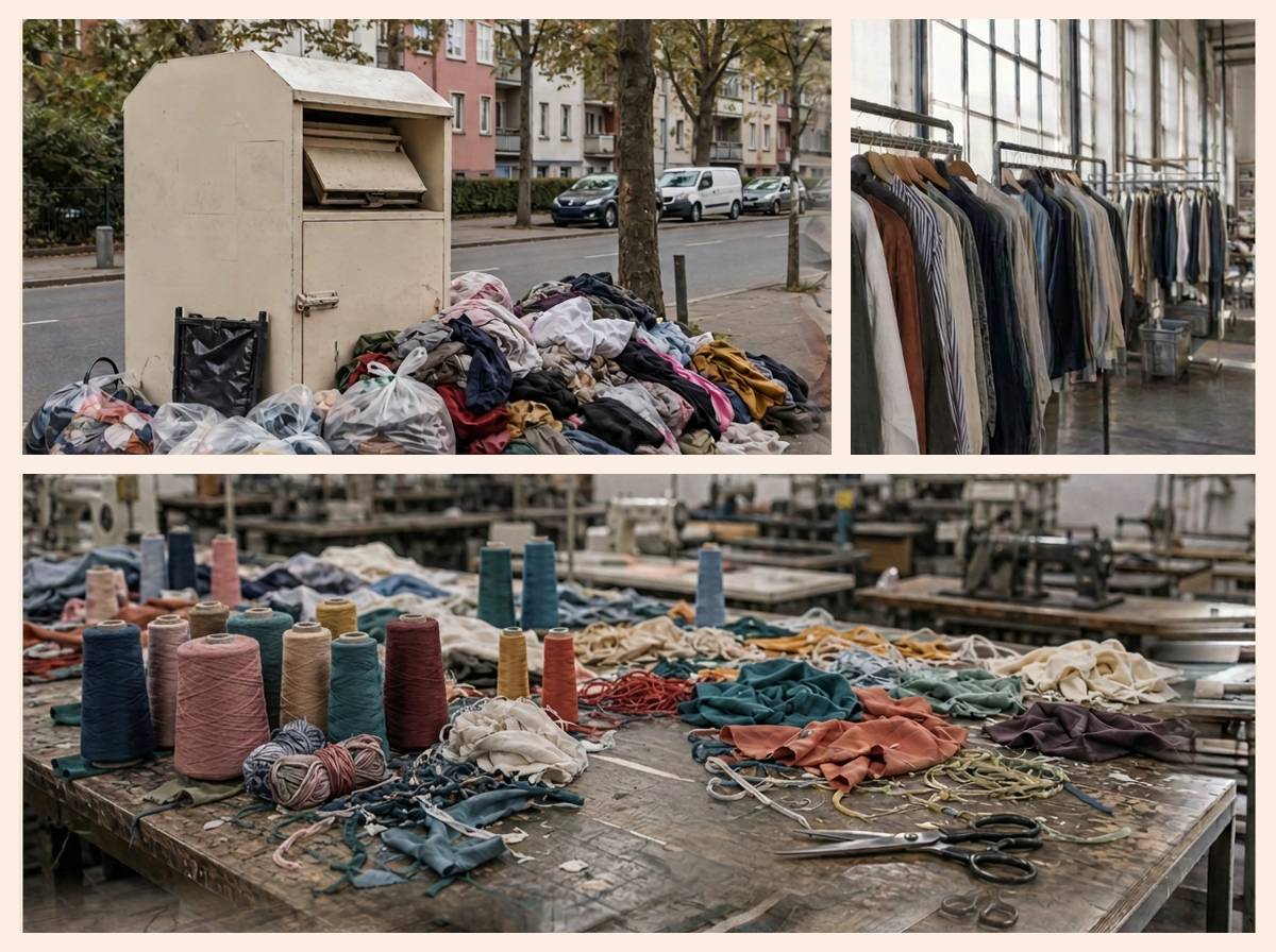 Collage aus Altkleidercontainer an der Straße, Kleidungsstücken auf Bügeln und getrennten Garnrollen und Stoffabschnitten in einer Textilwerkstatt